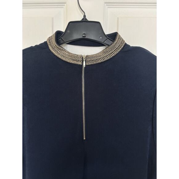 Chicos Travelers Navy Blue Gold Embroidered Midi Dress Sz 3 XL Slinky Stretch - Picture 5 of 7